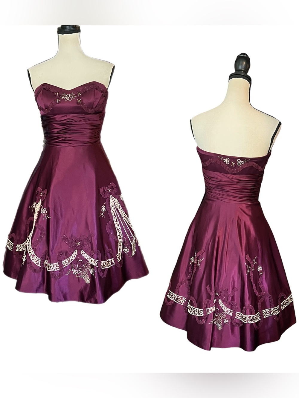Vintage Betsey Johnson Evening Silk Ribbon Bow Beaded Strapless Tea Party Dress